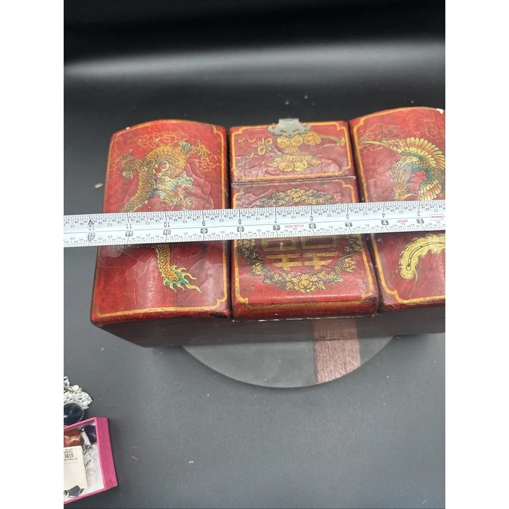 Vtg Mid Century Asian Red Lacquer Large Jewelry Box Mirror Dragon Chest RARE